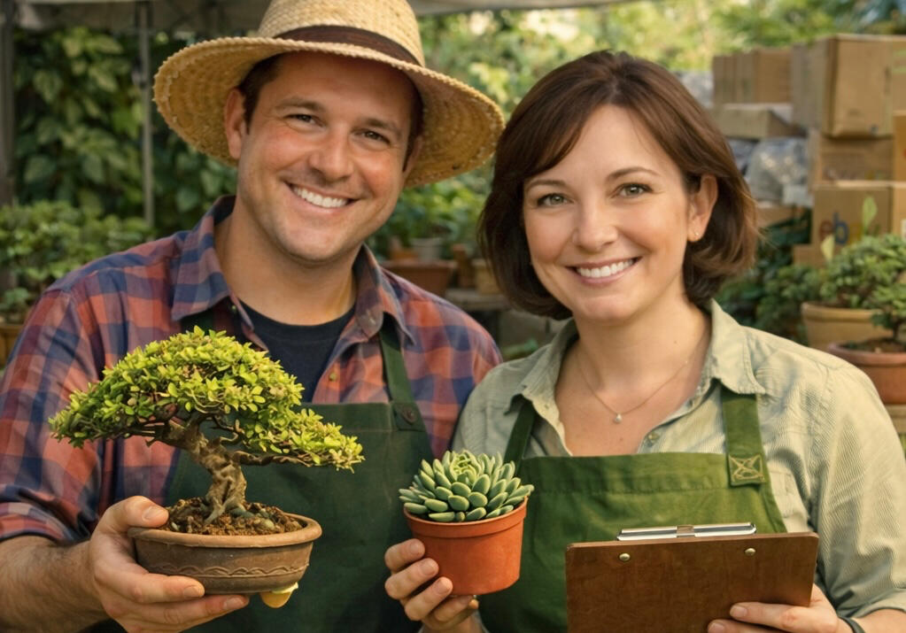 Enso Garden bonsai greenhouse with bonsai trees, Yixing bonsai pots, tropical plants, and bonsai tools