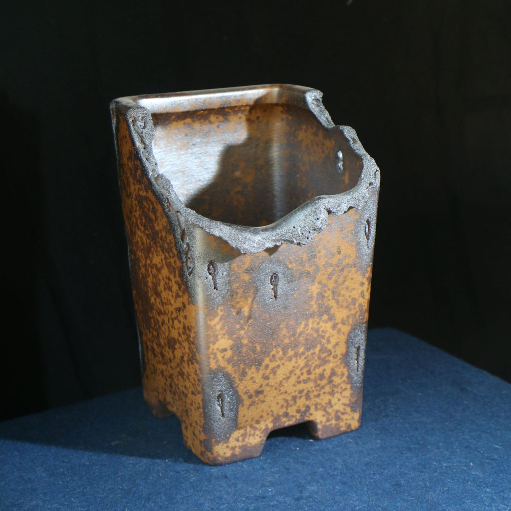 9.1" Cascade Yixing Zisha Clay Bonsai Pot - Wood-Fired, Sculpted Rim — front rim detail