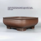 Angled rounded square pot with exterior and interior dimension text
