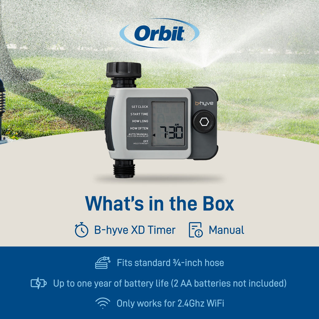 Box-contents graphic showing a B-hyve XD timer and text listing a manual and connection requirements