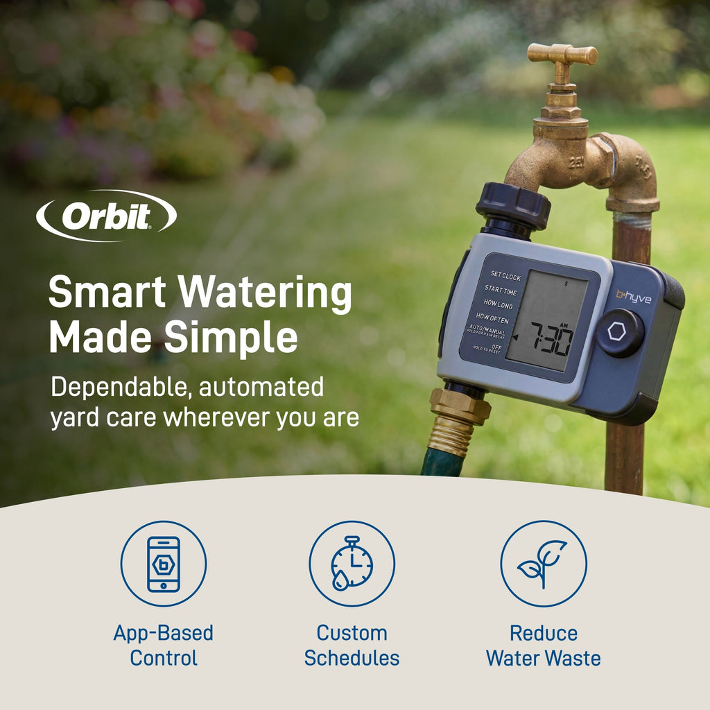 Promotional graphic of a B-hyve XD timer installed on a faucet with app and scheduling icons