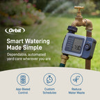Promotional graphic of a B-hyve XD timer installed on a faucet with app and scheduling icons