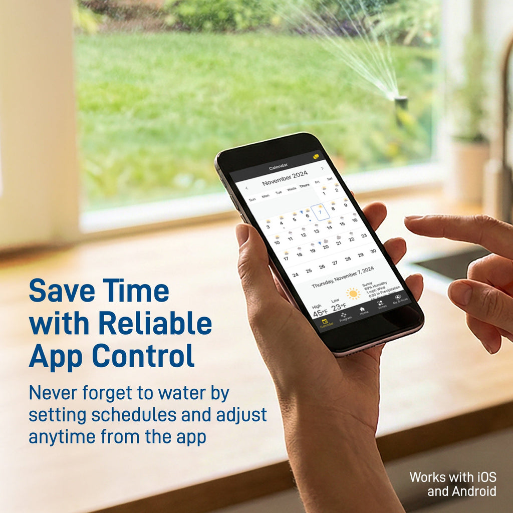 Phone displaying a watering schedule beside text about app control