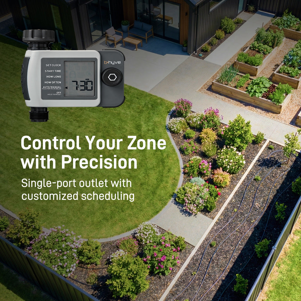 Garden overview graphic with a single-outlet B-hyve XD timer and scheduling text