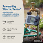 WeatherSense graphic showing the installed timer in rain and a note that smart functions require a hub
