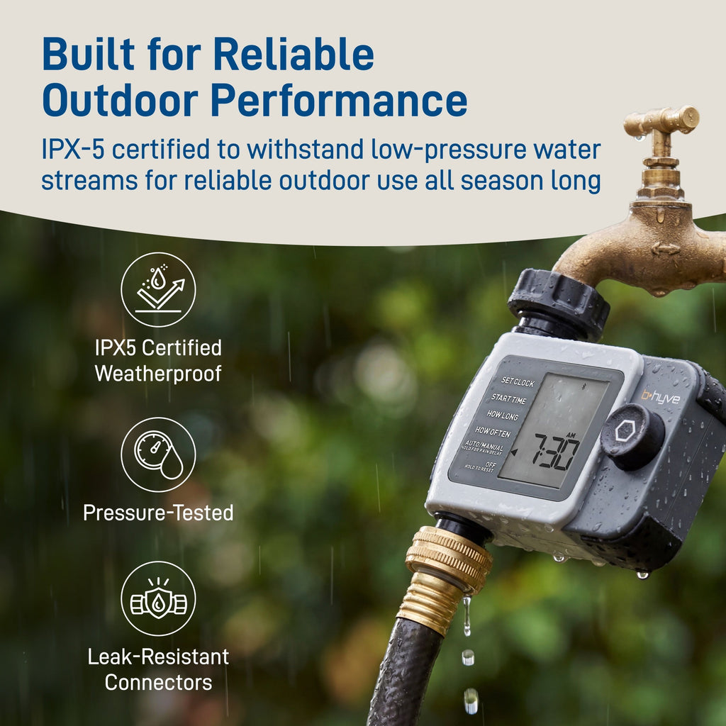 Outdoor-performance graphic showing a wet timer with IPX5, pressure and connector callouts