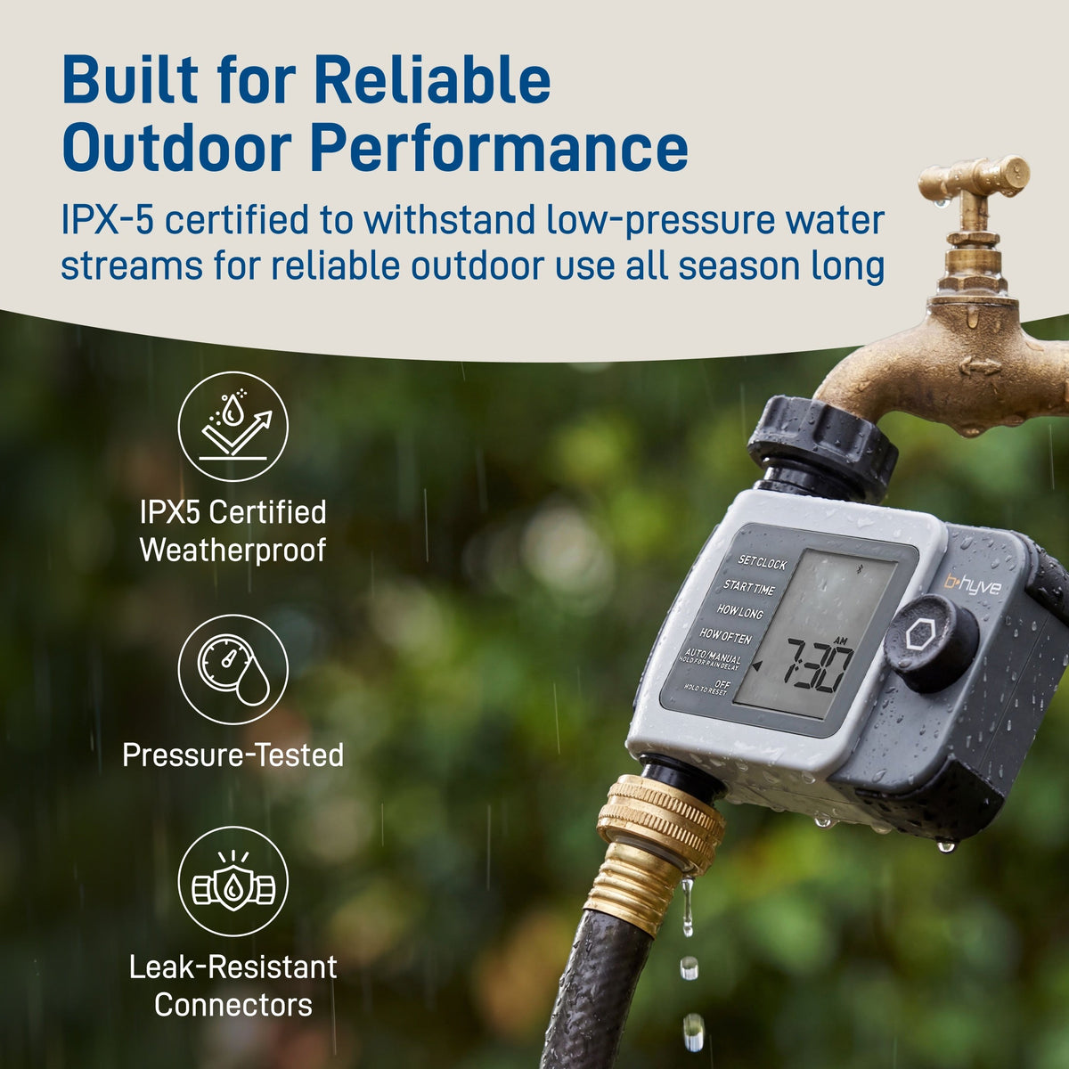Outdoor-performance graphic showing a wet timer with IPX5, pressure and connector callouts