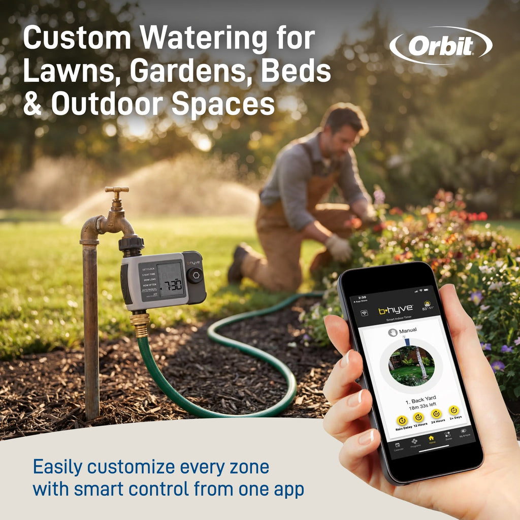 Garden-use graphic showing an installed timer, gardener and phone with the B-hyve app