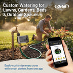Garden-use graphic showing an installed timer, gardener and phone with the B-hyve app