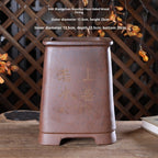 Tall brown square pot with landscape decoration and measurement labels
