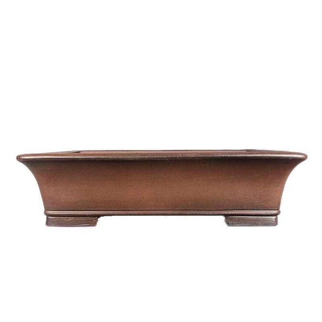 Isolated front profile of brown rectangular bonsai pot