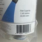 Package close-up showing a barcode and a stated filter capacity of 7,500 gallons or 28,000 liters
