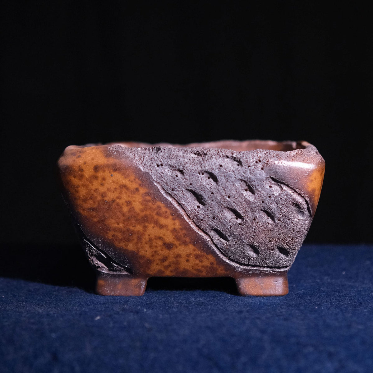 8.3" Square Yixing Zisha Clay Bonsai Pot - Wood-Fired Texture — side texture detail