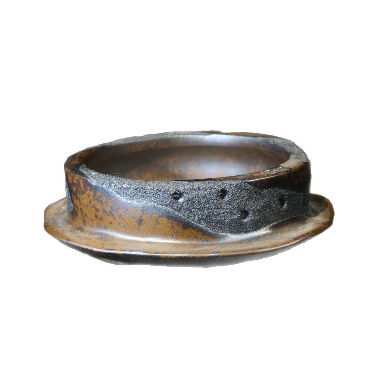 13" Round Yixing Zisha Clay Bonsai Pot - Bronze & Charcoal Glaze — isolated side view
