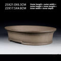 Taupe oval bonsai pot with exterior and interior measurement labels