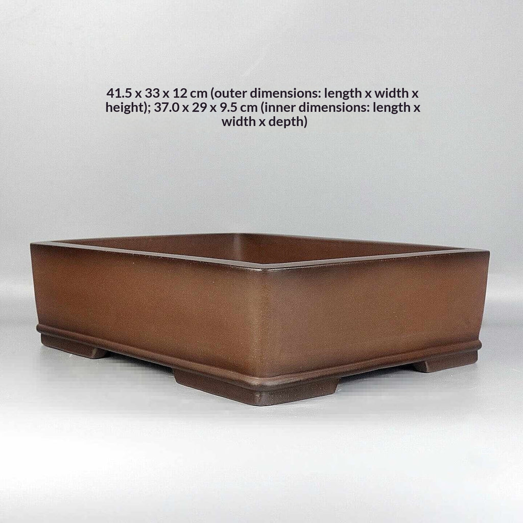 Brown rectangular Zisha bonsai pot with outer and inner dimensions
