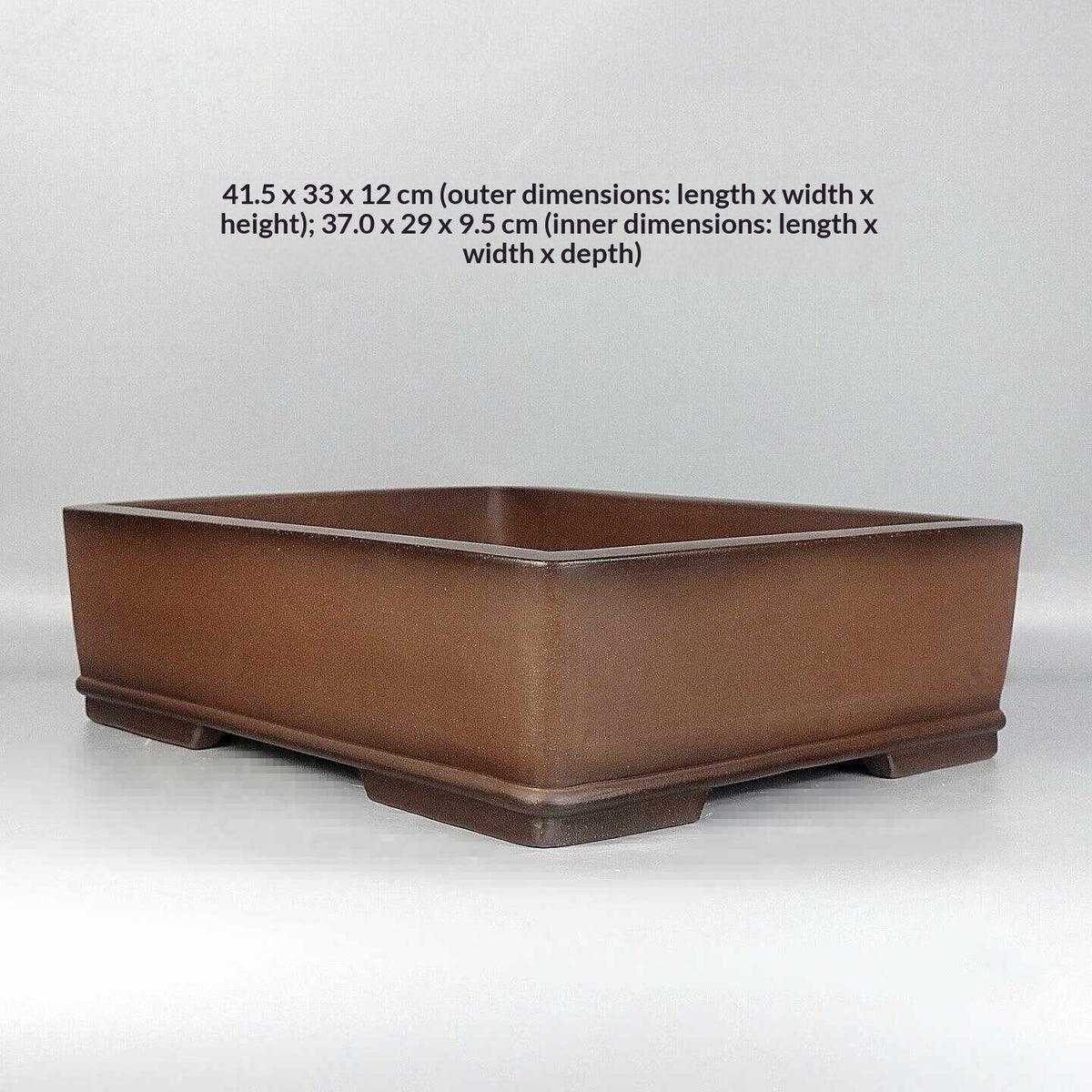 Brown rectangular Zisha bonsai pot with outer and inner dimensions