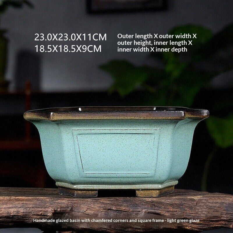 Light-green glazed square Zisha pot with outer and inner dimensions