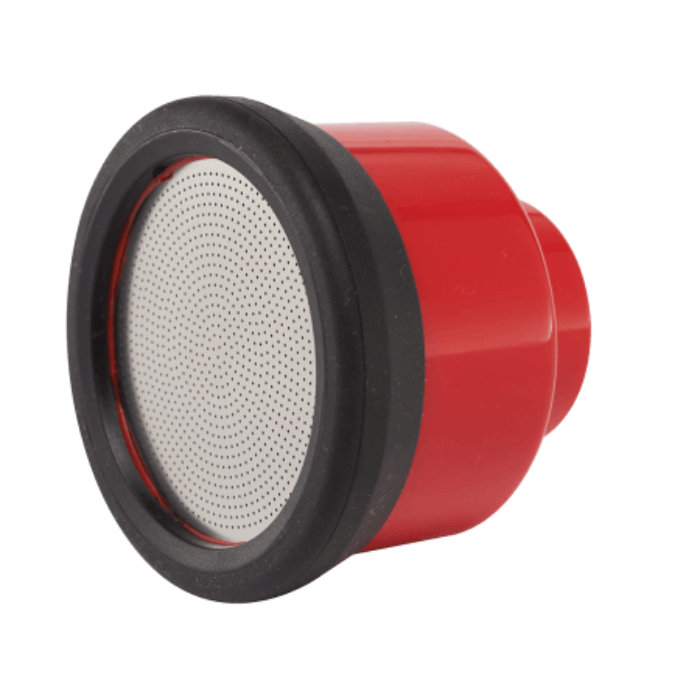 Red watering head with black rim and perforated silver shower face