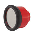 Red watering head with black rim and perforated silver shower face