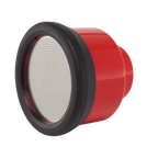 Red watering head with black rim and perforated silver shower face