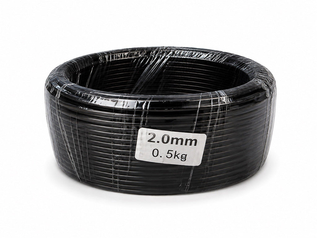Wrapped dark wire coil with a label reading 2.0 mm and 0.5 kg