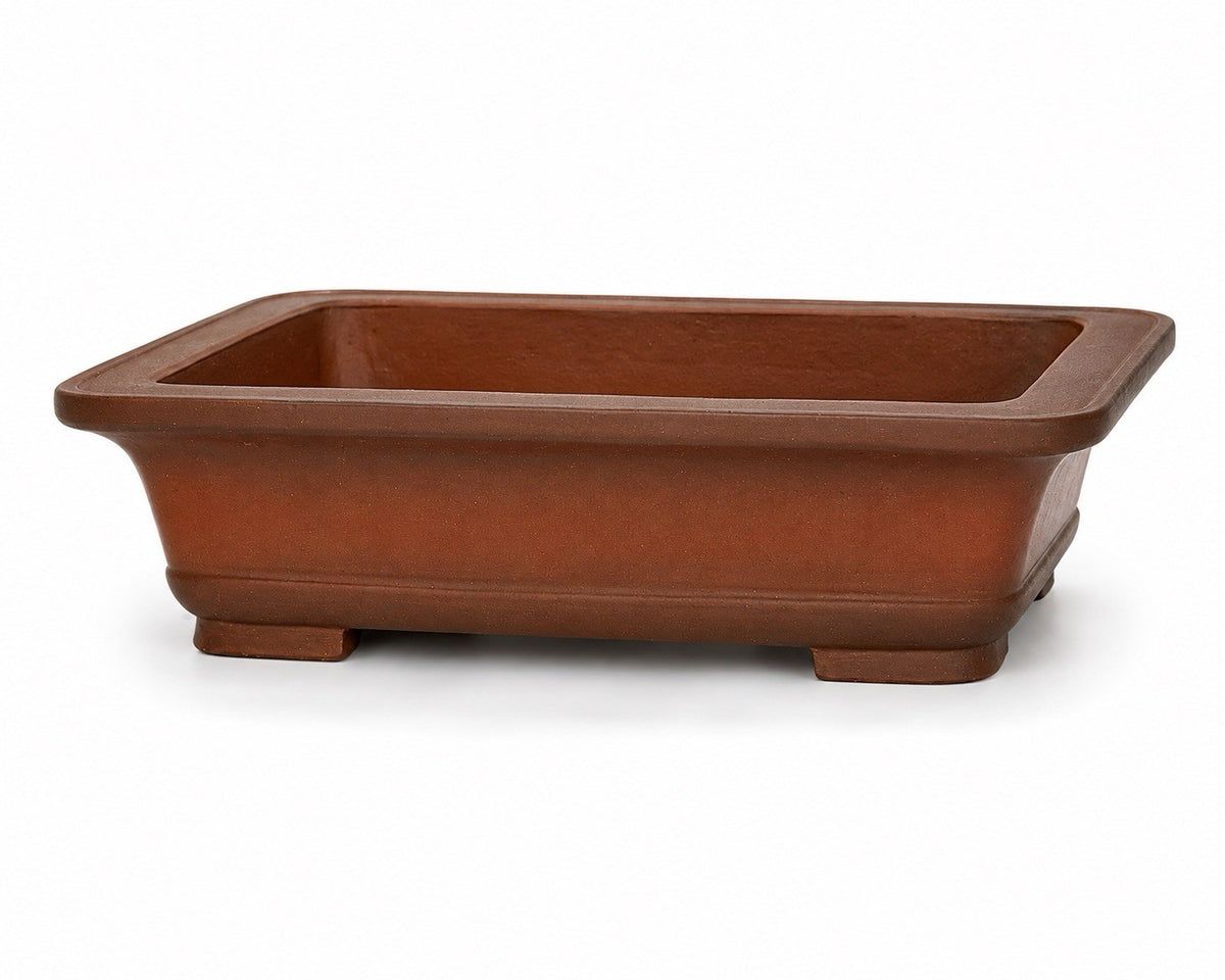 Warm brown rectangular bonsai pot with flared rim, tapered walls and short block feet