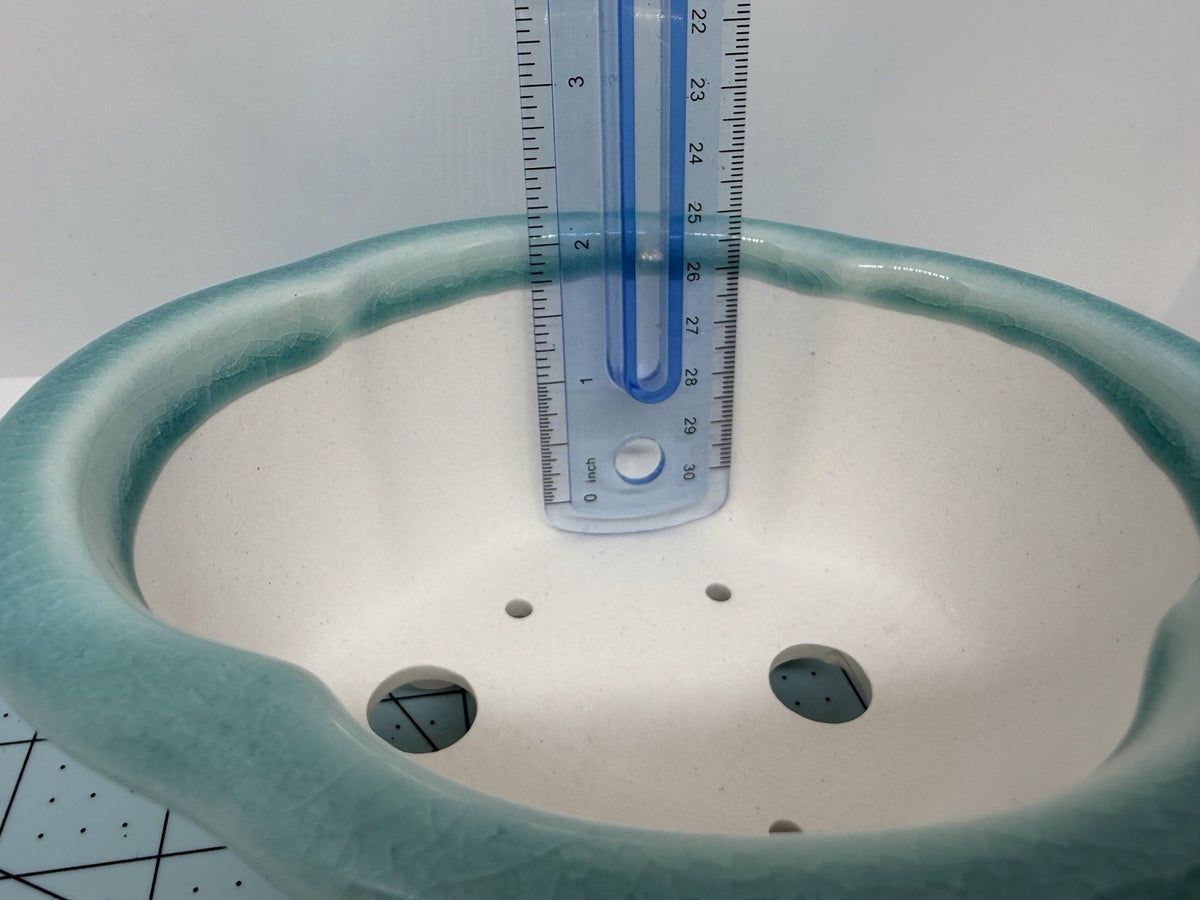 Ruler inside the turquoise pot showing its pale interior and drainage openings