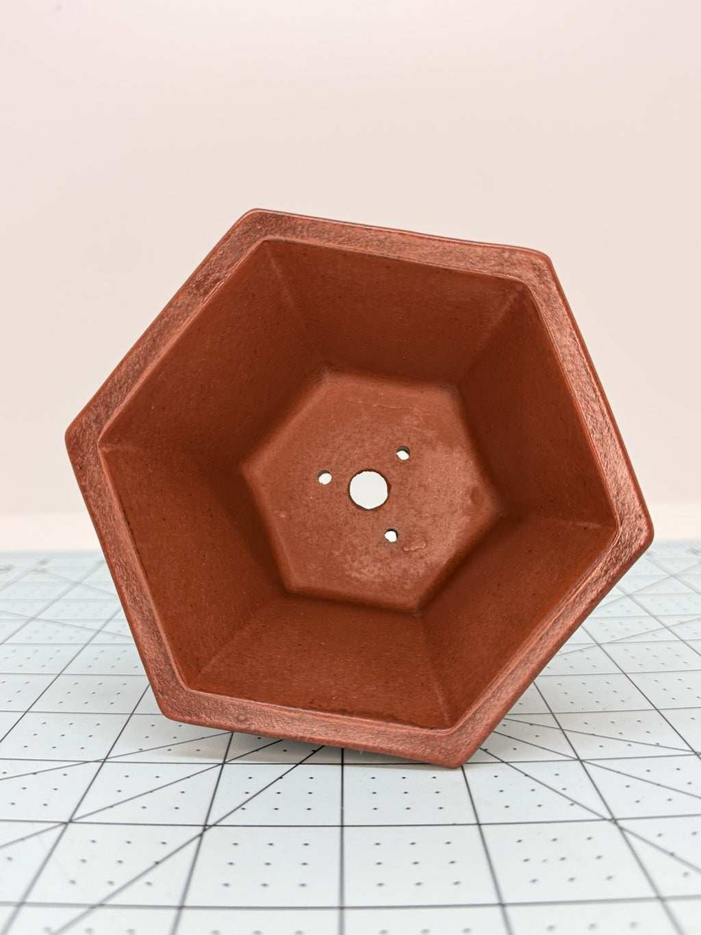 Top view inside the hexagonal pot showing a central drainage hole and three smaller openings