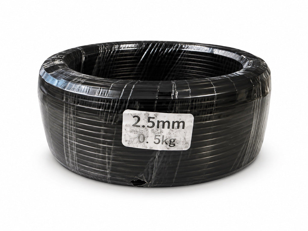Wrapped dark wire coil with a label reading 2.5 mm and 0.5 kg