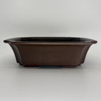 Dark brown rectangular bonsai pot with flared rim, recessed corner curves and low feet