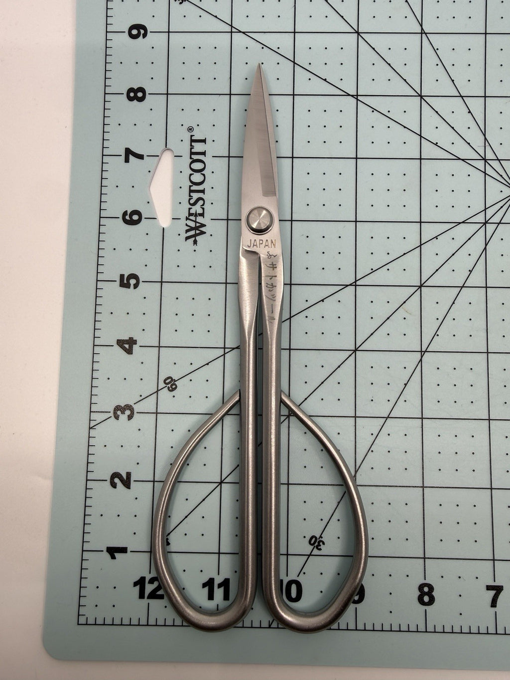 Long silver bonsai scissors laid on a numbered measuring mat