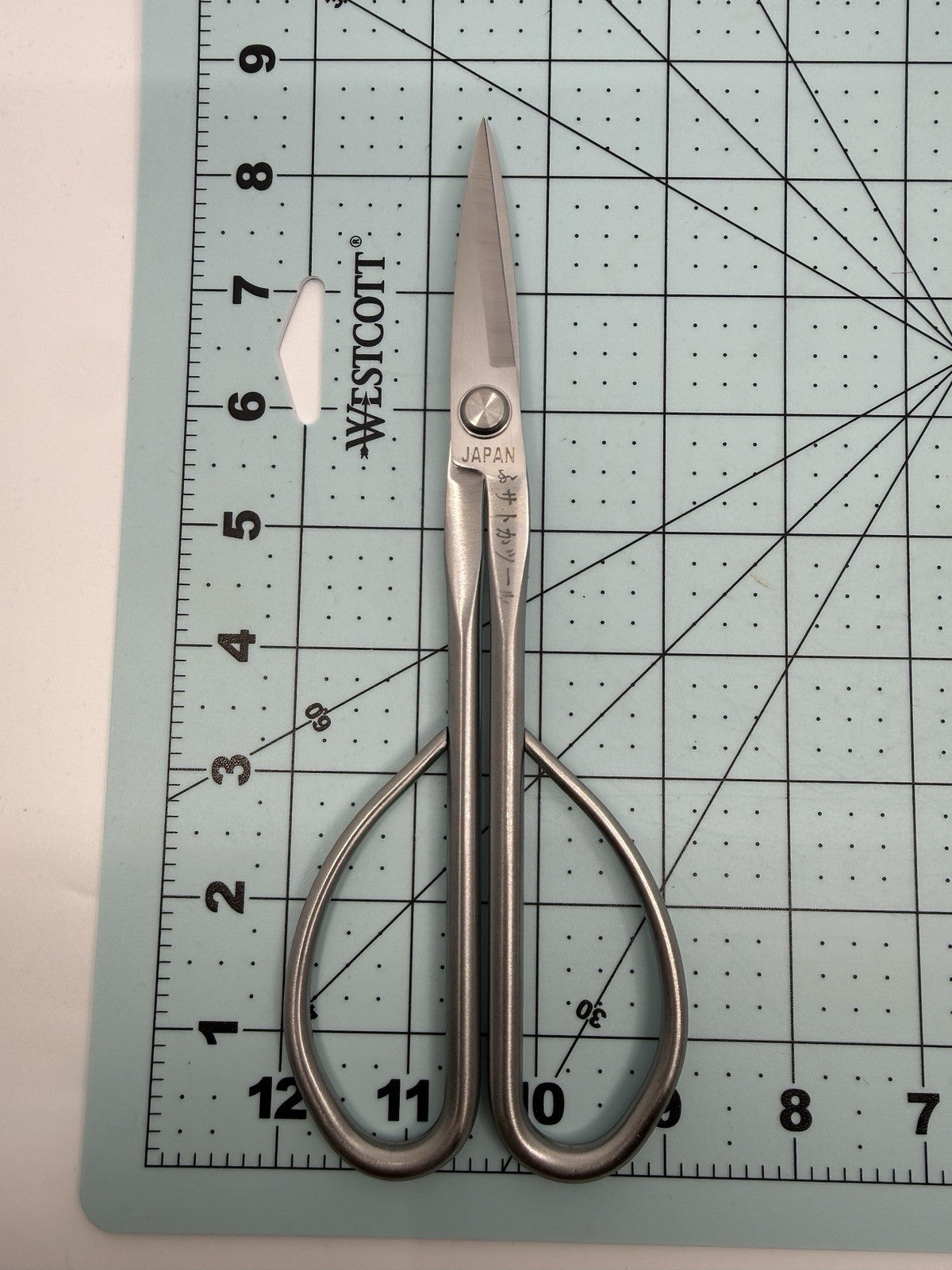 Long silver bonsai scissors laid on a numbered measuring mat