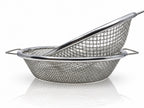 Two round metal soil sieves with different mesh sizes and side handles, nested at an angle