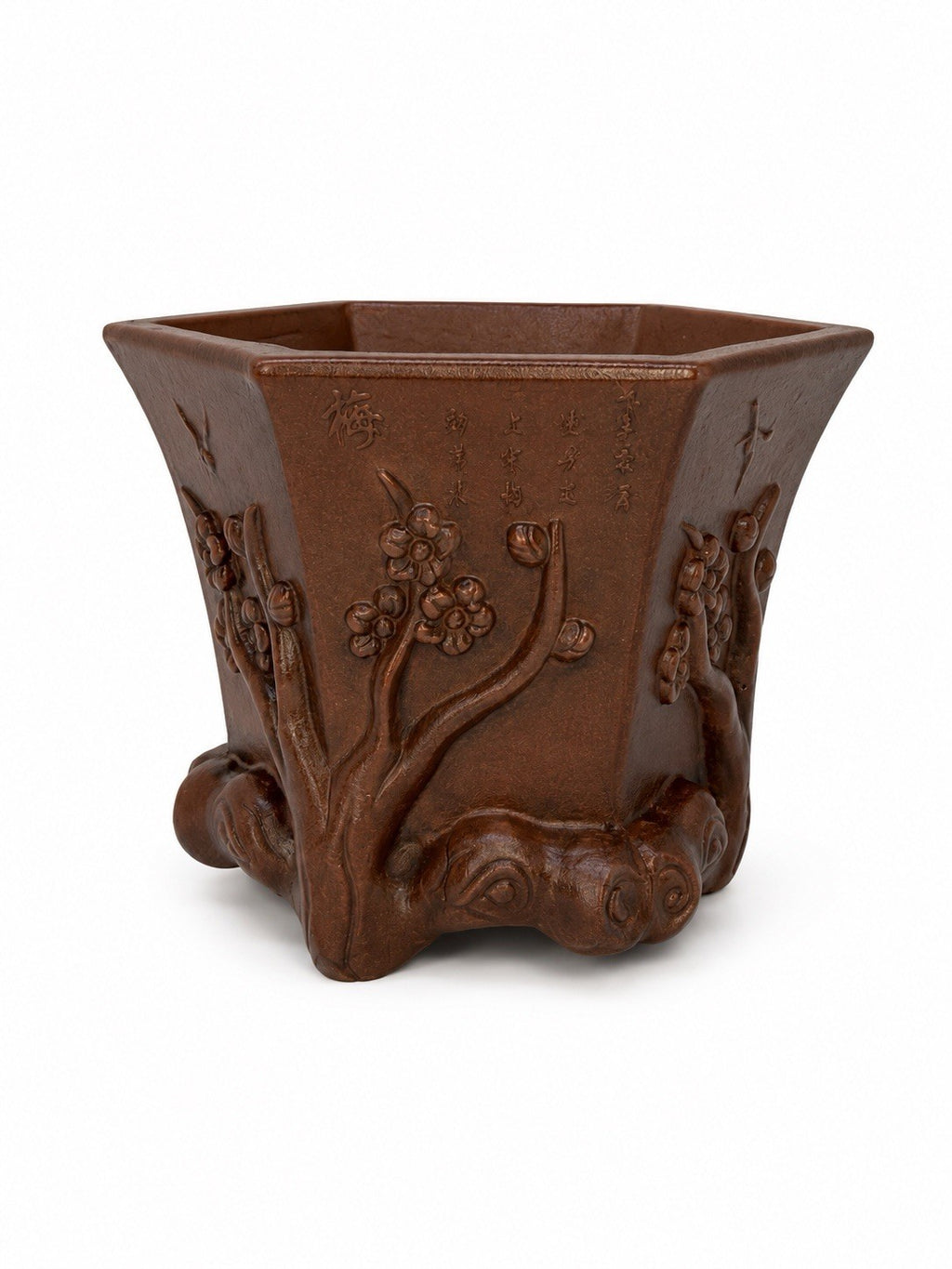 Tall brown hexagonal bonsai pot with raised flowering branches and curled decorative feet