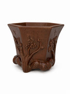 Tall brown hexagonal bonsai pot with raised flowering branches and curled decorative feet