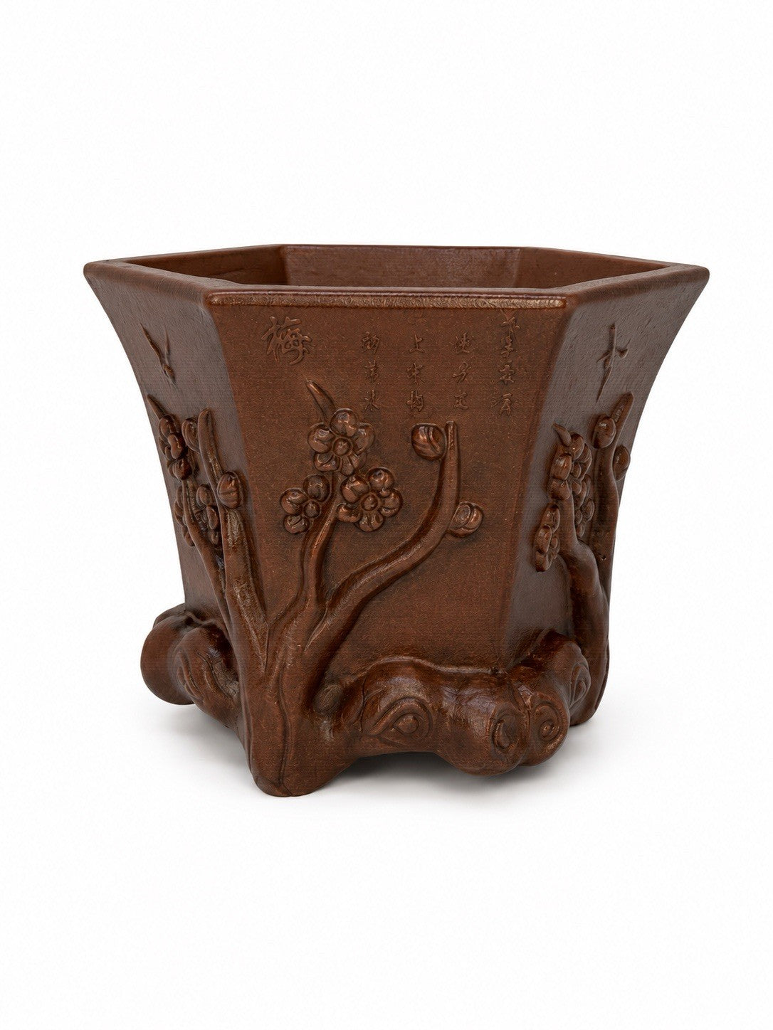Tall brown hexagonal bonsai pot with raised flowering branches and curled decorative feet
