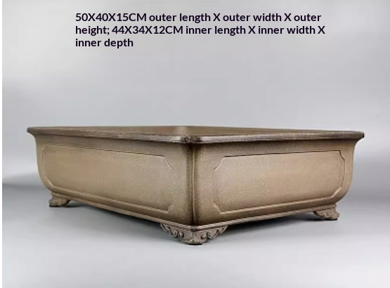 Angled taupe rectangular pot with measurement labels above