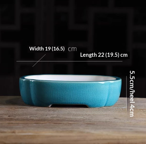 Turquoise oval bonsai pot with a pale interior and low feet, with measurement labels