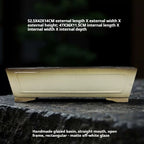 Front view of the ivory rectangular pot with dimension labels