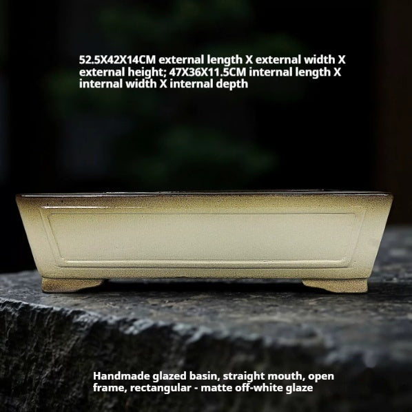 Front view of the ivory rectangular pot with dimension labels
