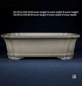 Taupe rectangular bonsai pot with measurement labels above