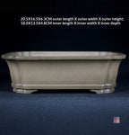 Taupe rectangular bonsai pot with measurement labels above