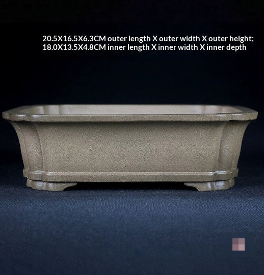 Taupe rectangular bonsai pot with measurement labels above