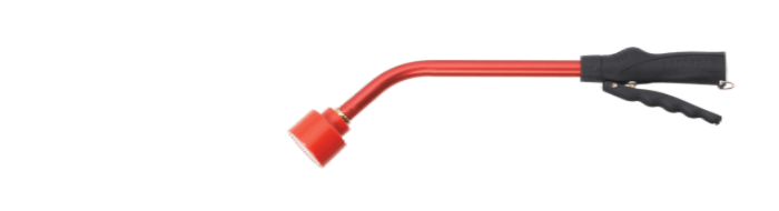 Red short watering wand with angled shower head and black trigger handle