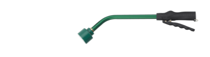 Green short watering wand with angled shower head and black trigger handle