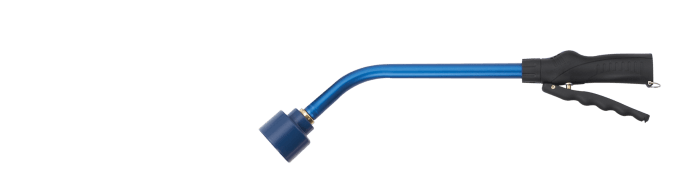 Blue short watering wand with angled shower head and black trigger handle