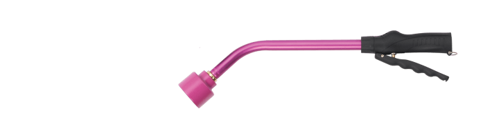 Pink short watering wand with angled shower head and black trigger handle