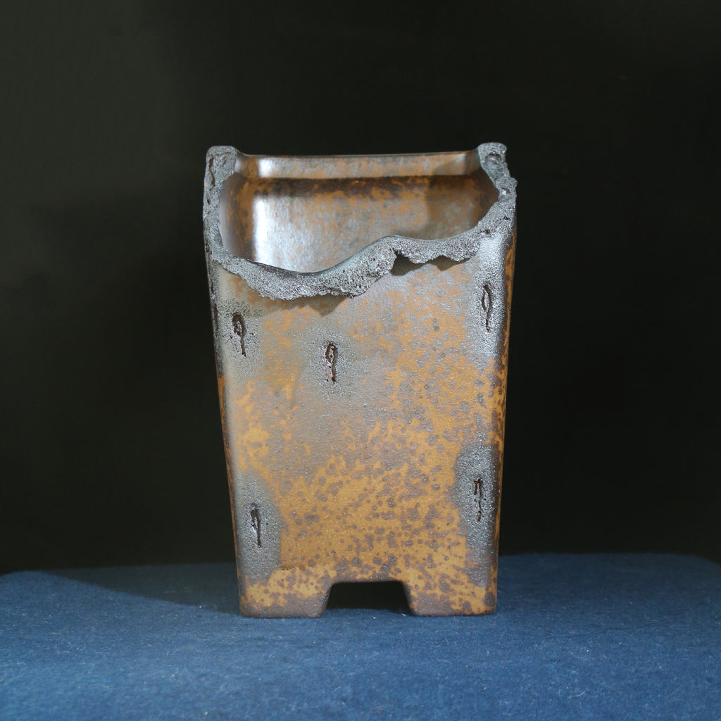 9.1" Cascade Yixing Zisha Clay Bonsai Pot - Wood-Fired, Sculpted Rim — opposite side view