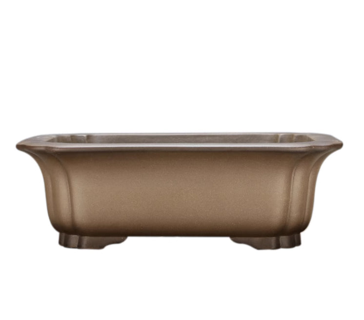 Isolated side view of taupe rectangular bonsai pot with corner feet